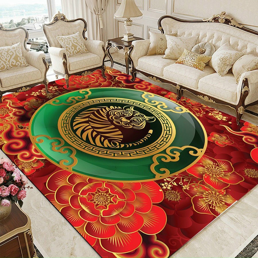 Thảm Lì Bali 3D Tết 2022 Họa Tiết sắc đỏ trải phòng khách[1m6x2m3]mẫu hổ xanh