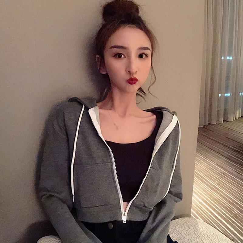 Áo khoác nữ có mũ màu trơn khóa kéo phong cách Hàn Quốc