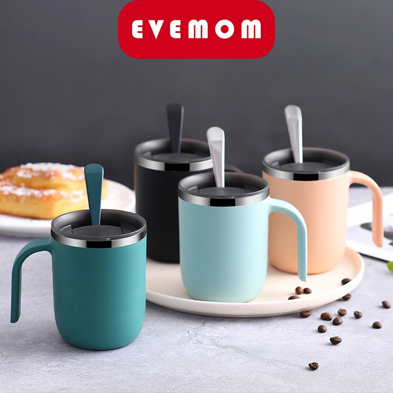 Cốc Inox Uống Nước Cà Phê Có Quai Cầm Và Nắp Cao Cấp EVEMOM STORE CN001
