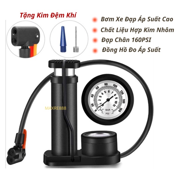 Bơm xe đạp xe máy xe hơi áp suất cao 160 PSI có đồng hồ đo áp suất gọn gàng độ bền cao