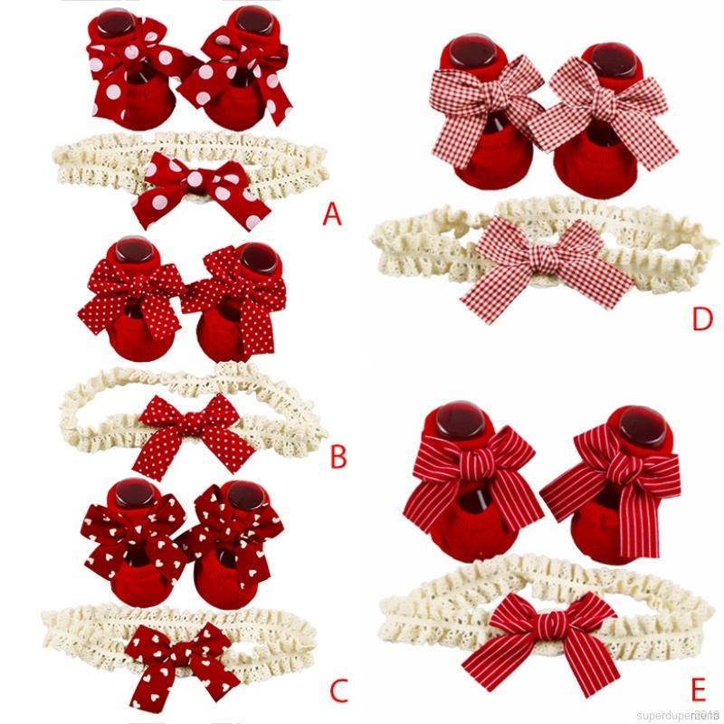 Set tất + băng đô nơ co giãn chống trượt thời trang cho trẻ em