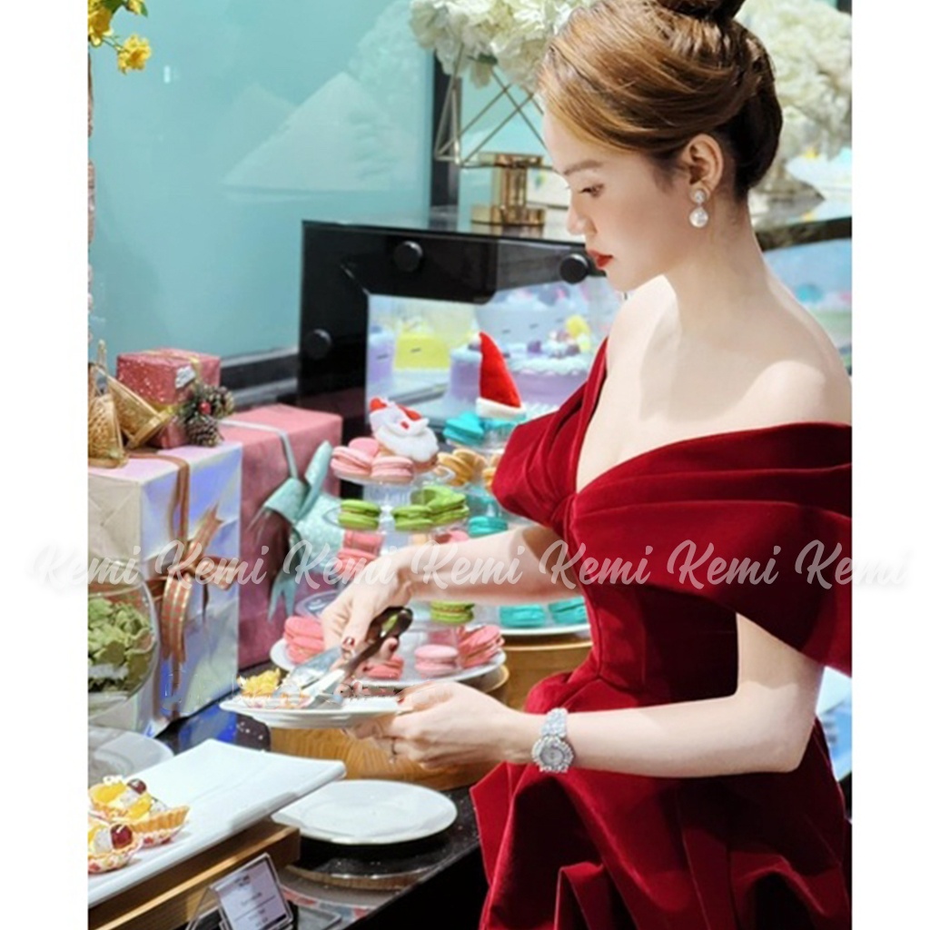 Váy nhung đỏ trễ vai đầm bồng cúp ngực ôm dáng tiểu thư Kemi