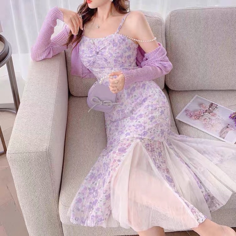 (Ảnh thật) Váy đầm maxi công chúa 2 dây phối chân ren đuôi cá dáng dài ôm xoè tiểu thư vintge màu xanh, tím đi du lịch