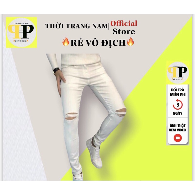 Quần jean nam RL màu trắng rách gối đơn giản trẻ trung nổi bật F2001