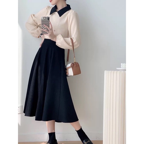 Set Áo Sơmi Xốp Tổ Ong Cổ Phối Mix Chân Váy Xoè Dài Có Ảnh Thật