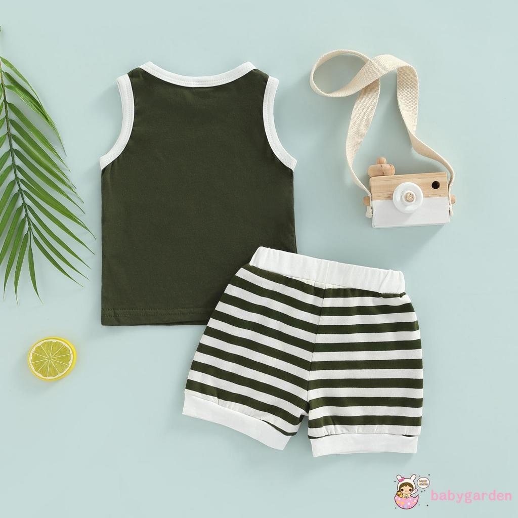 Bộ Áo Sát Nách Cổ Tròn In Chữ + Quần Short Kẻ Sọc Thời Trang Mùa Hè Cho Bé Trai 0-3 Tuổi