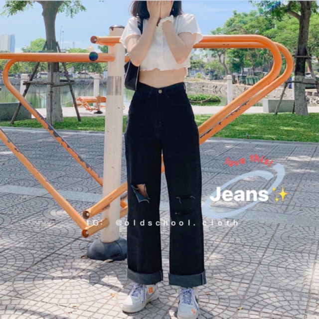 QUẦN JEANS ĐEN SUÔNG RÁCH GỐI 3128