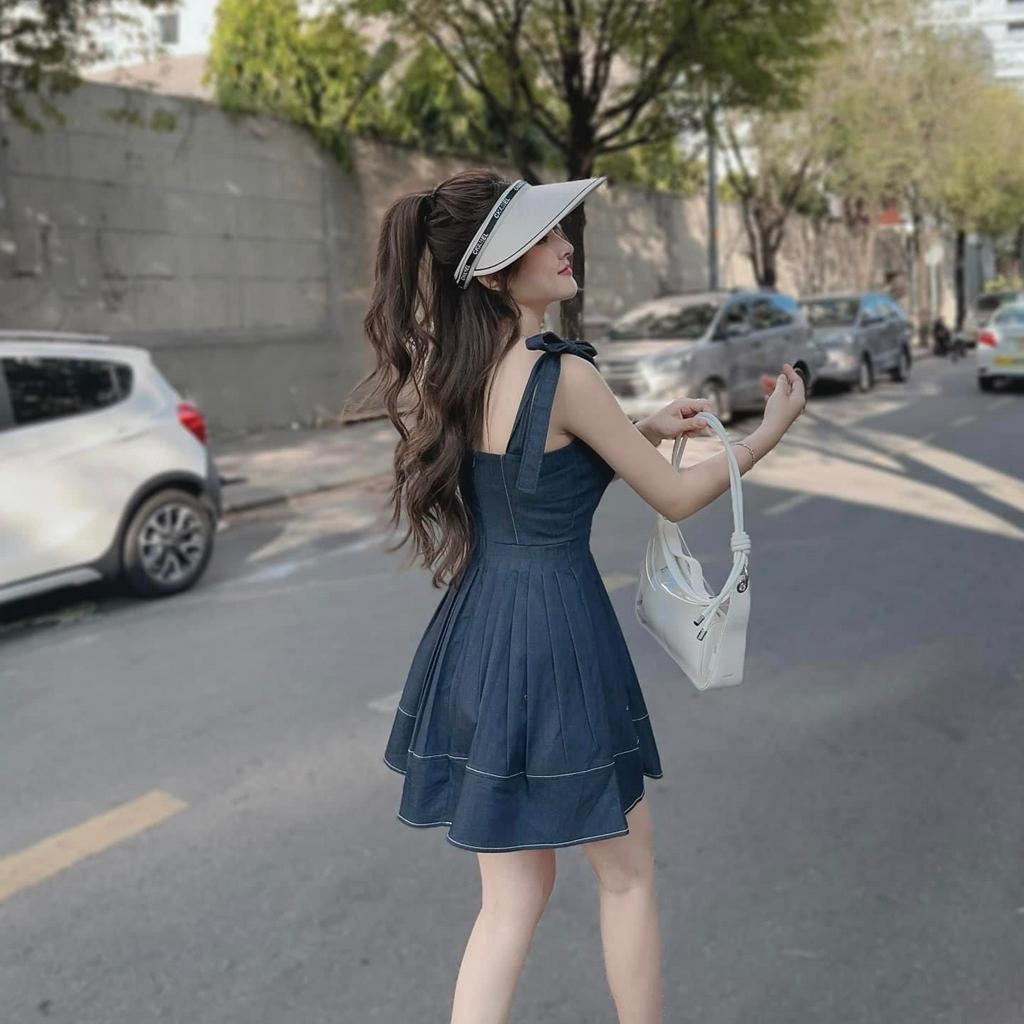 Đầm váy nữ 2 dây jeans xếp ly xòe xinh xắn dành cho các nàng diện đi chơi, dự tiệc siêu xinh