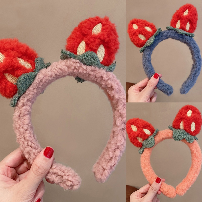 Flgo Băng Đô Rửa Mặt Trang Điểm Bằng Vải Lông Họa Tiết Dâu Tây Hoạt