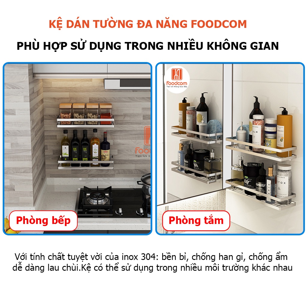 Kệ gia vị dán tường FOODCOM đa năng dùng cho phòng bếp, nhà tắm, sử dụng keo dán 3M chắc chắn.