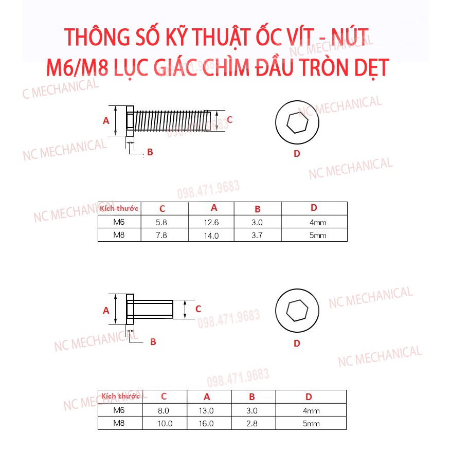 Bu lông ốc vít nút  inox 304  M6 Lục giác chìm đầu tròn dẹt