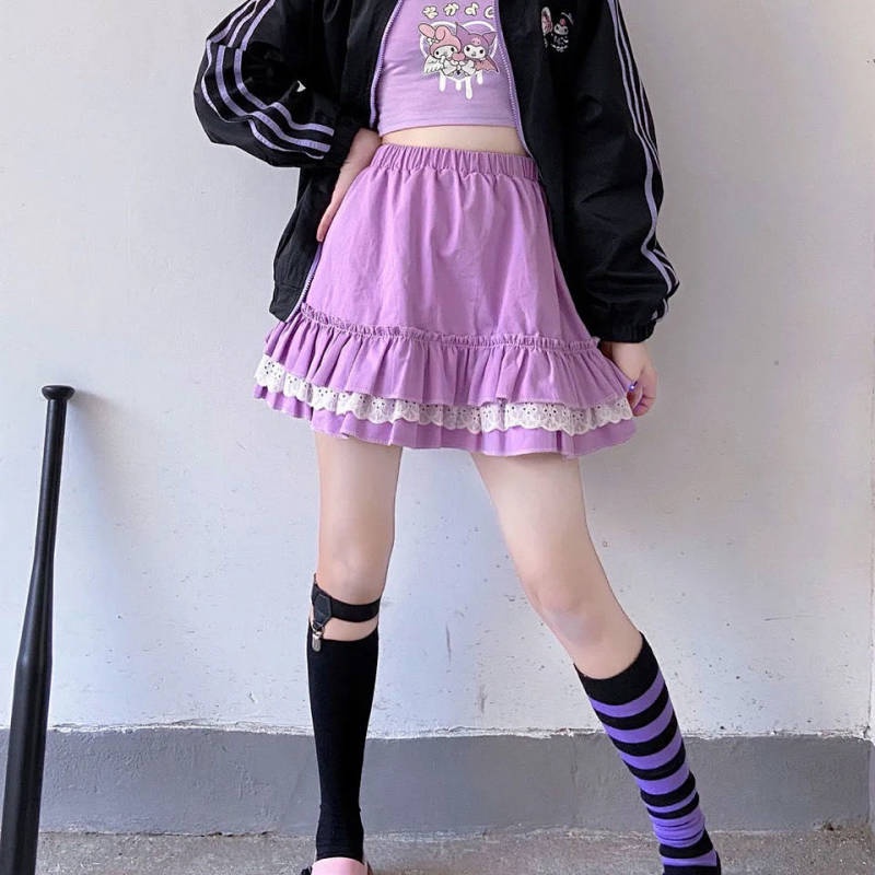 Chân váy chữ A lưng cao xếp ly phối ren phong cách Nhật Hàn xinh xắn cho nữ