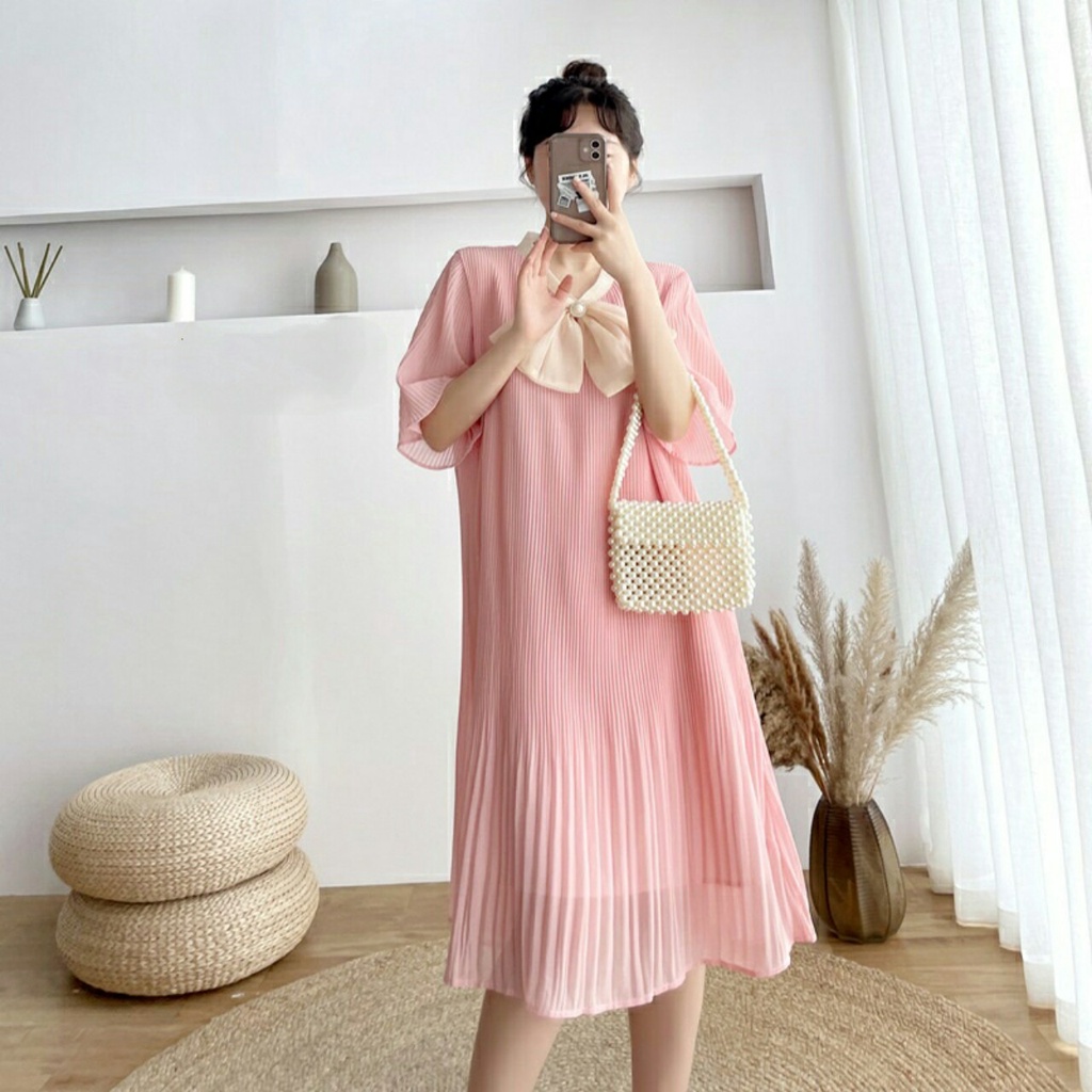 Váy babydoll , đầm bầu thiết kế phối nơ xinh xắn Chất lụa voan dập ly hai lớp siêu mềm mát cho các nàng