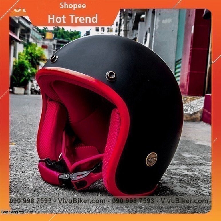 KHO SG-  Mũ bảo hiểm 3/4 kèm tai mèo gắn nón đen lót đỏ siêu cute - Nón bảo hiểm đen nhám tai thỏ Fung Fing chính hãng