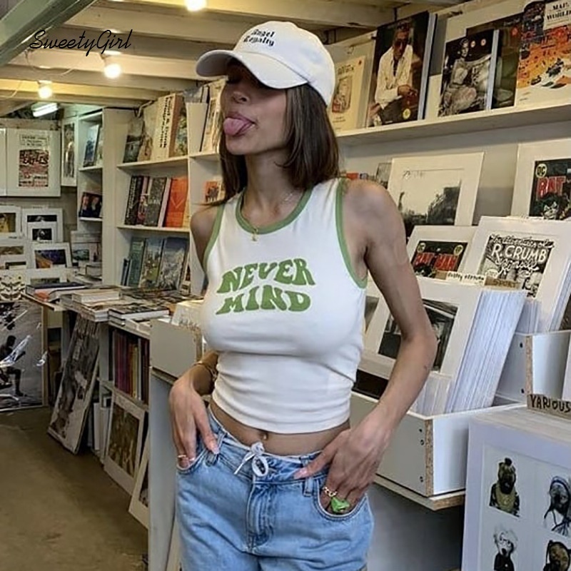 Áo Hai Dây Cổ Tròn In Chữ Màu Sắc Tương Phản Thời Trang Cho Nữ