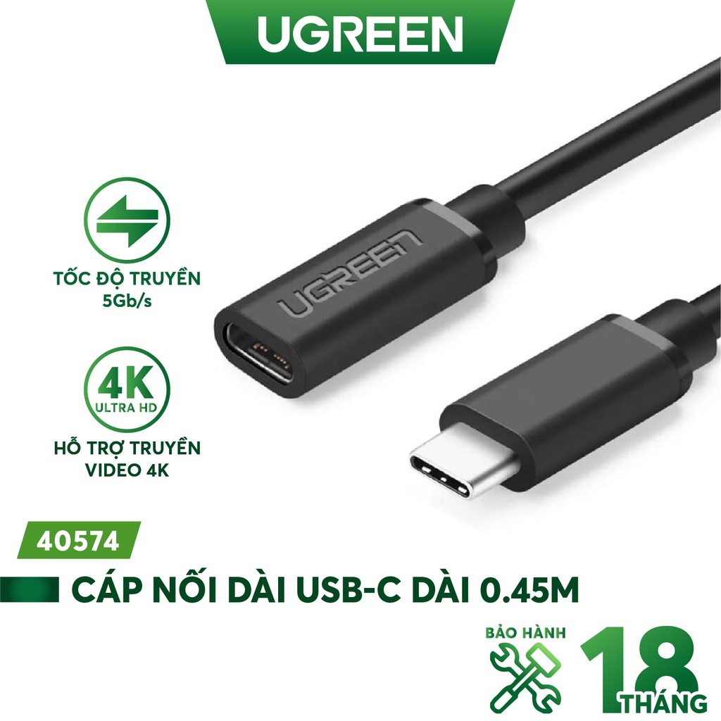 Dây USB Type-C nối dài 0.45m màu đen UGREEN 40574 - Hàng phân phối chính hãng - Bảo hành 18 tháng