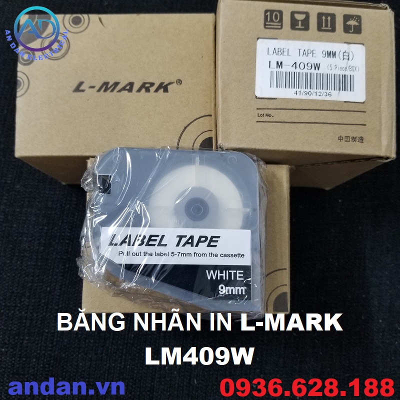 Băng nhãn in LM409W, LM409WL L-MARK dùng cho máy LK-320 màu Trắng 9mmx8m