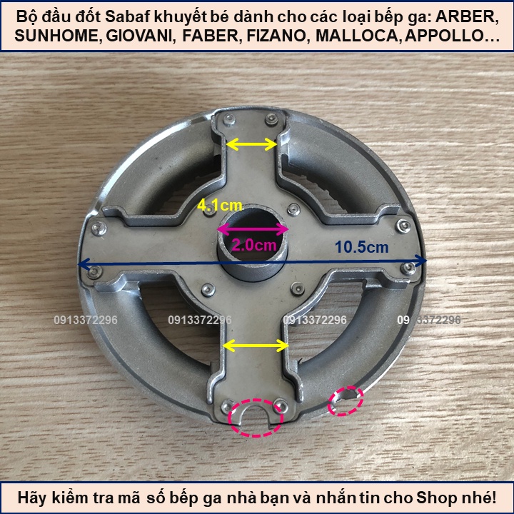 Bộ Đầu Đốt Sabaf Chia Lửa Chân Khuyết Bên Nhỏ Bếp Ga Âm ARBER, SUNHOME, GIOVANI, FABER, FIZANO, MALLOCA, APPOLLO...