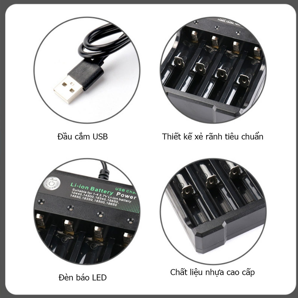 Bộ sạc pin 18650 tự ngắt thông minh Bmax BH-042100-04U điện áp đầu ra 3.7V - 4.2V phù hợp với nhiều loại pin