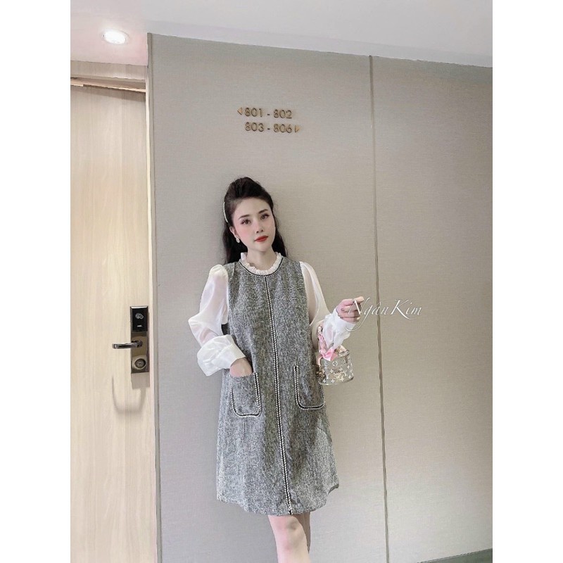 Váy Suông Chất Dạ Phối tay Voan , Đầm Công Sở Dáng Dài Form Rộng Hàng VNXK