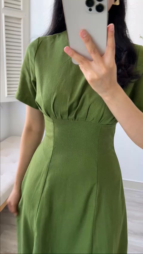 Đầm Dự Tiệc Linen Cổ Tròn SANJOLI Váy Công Sở Maxi Dáng Xòe Tay Ngắn Thiết Kế Nhún Ngực Thanh Lịch Sang Trọng VD007 | BigBuy360 - bigbuy360.vn