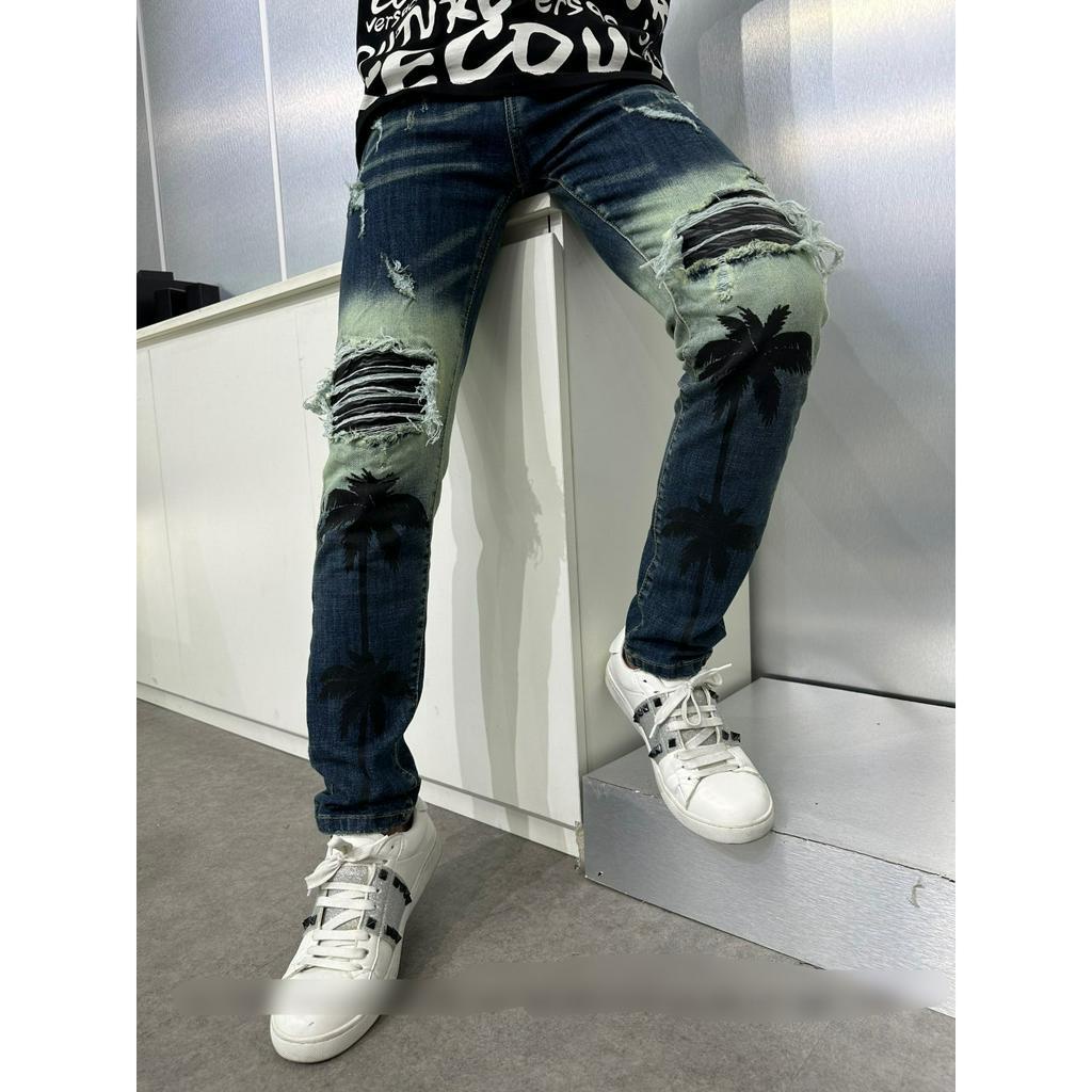 Quần jean bò Nam slimfit wash - Quần amiri xanh vàng in hình cây dừa boy phố