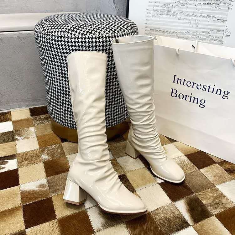 [MÉO SHOE] Boots gối nữ da bóng nhăn lót lông gót cao 5 phân sang chảnh loại 1 | BigBuy360 - bigbuy360.vn