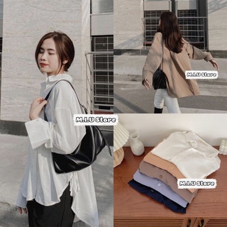 Áo Sơ Mi Cổ Đức Dài Tay Vạt Bầu Thắt Nơ Chất Lụa Trượt Tằm Siêu Mát