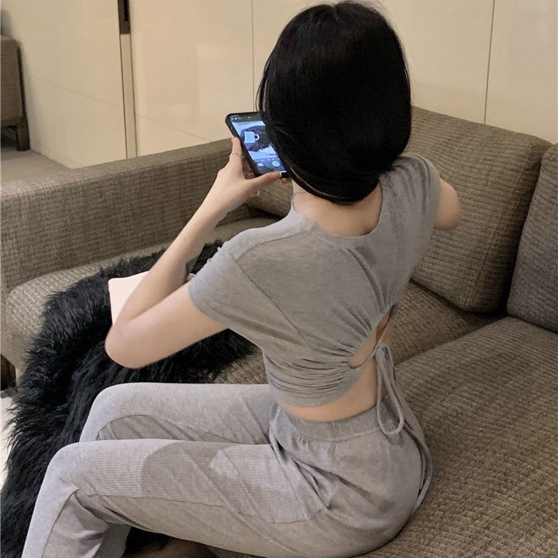 COZOK Set Áo Thun Tay Ngắn Hở Lưng + Quần Dài Lưng Cao Thời Trang Nữ