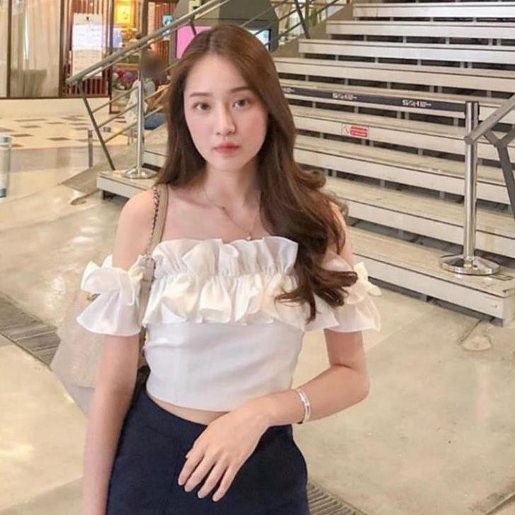 Áo trễ vai croptop nữ màu trắng có dây kéo hông nhún bèo freesize - Áo kiểu hở vai dún bèo Đẹp 💝