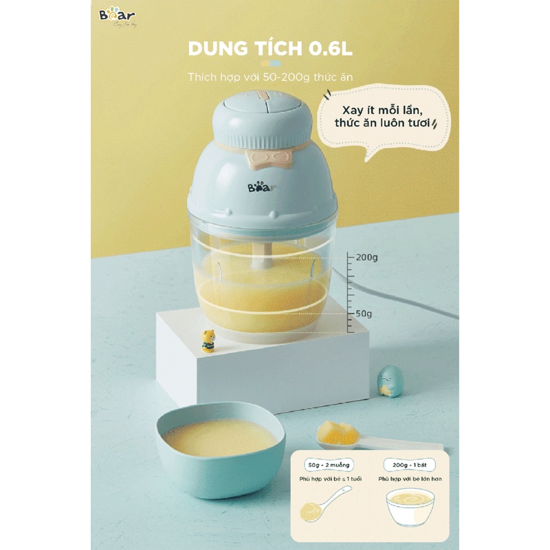 Máy xay ăn dặm mini đa năng cho bé ăn dặm 0.6L Bear QSJ-C02K1, 2 mức độ xoay, cối thủy tinh, lưỡi dao innox không gỉ