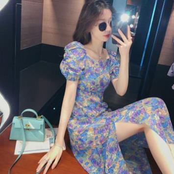 Đầm vintage hoa tím tay phồng dự tiệc đi biển Váy hoa ullzang dáng dài Đầm hoa nhí Vintage xẻ đùi Hàn Quốc  ཾ