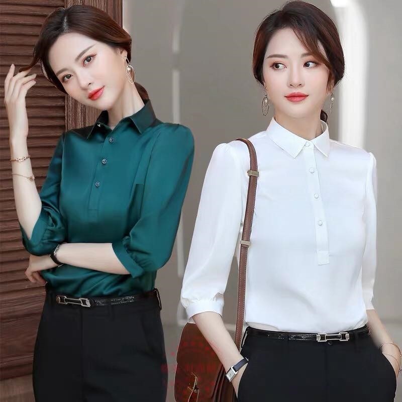 Áo Sơ Mi Nữ Kiểu Công Sở_Tay Lỡ Cài Nút Ngực_Vải Satin siêu đẹp siêu mát | BigBuy360 - bigbuy360.vn