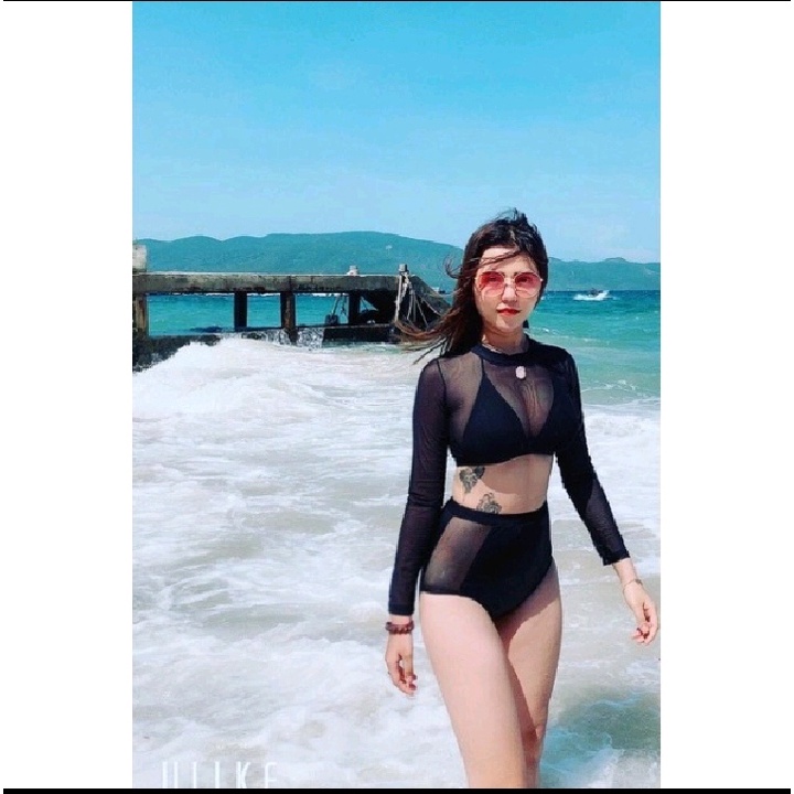 Bikini đi biển đồ bơi nữ tay dài phối lưới đen sành điệu KONKUN MS75
