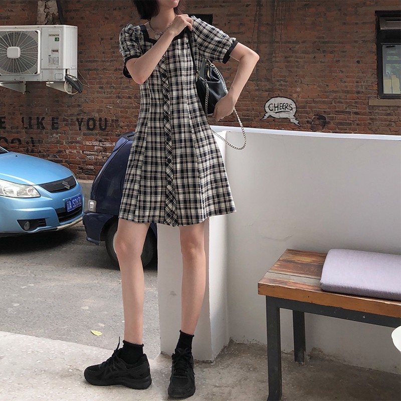 Xiaozhainv Đầm Tay Ngắn Dáng Chữ A Cổ Vuông Họa Tiết Caro Thanh Lịch Dành Cho Nữ | BigBuy360 - bigbuy360.vn