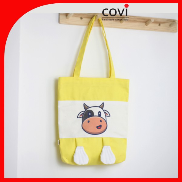 Túi vải tote, vải canvas, vải bố Hàn Quốc phối hình in con bò 2 chân thời trang COVI nhiều màu sắc T20