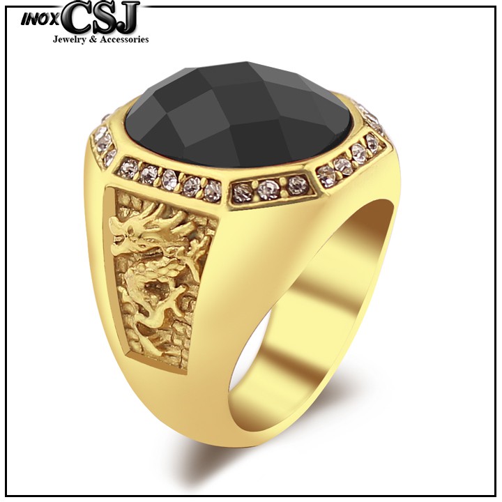 NHẪN NAM INOX MẠ VÀNG 2 BÊN CON RỒNG ĐÁ ĐEN siêu đẹp - tặng hộp đựng xinh xắn