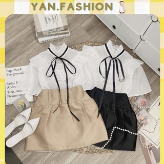 Set áo sơmi tơ cột nơ mix chân váy tacta tiểu thư yanfashion