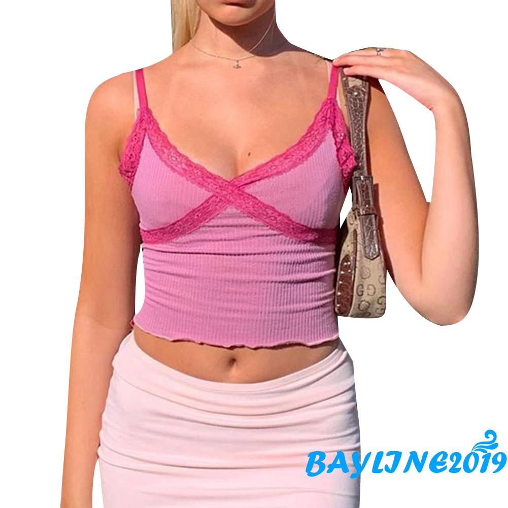 Áo Dây Croptop Cổ Chữ V Phối Ren Thời Trang Gợi Cảm Cho Nữ Size S / M / L