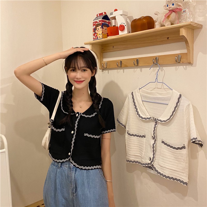 Áo Cardigan Xiaozhainv Dệt Kim Ngắn Tay Phối Màu Tương Phản Phong Cách Retro Hàn Quốc