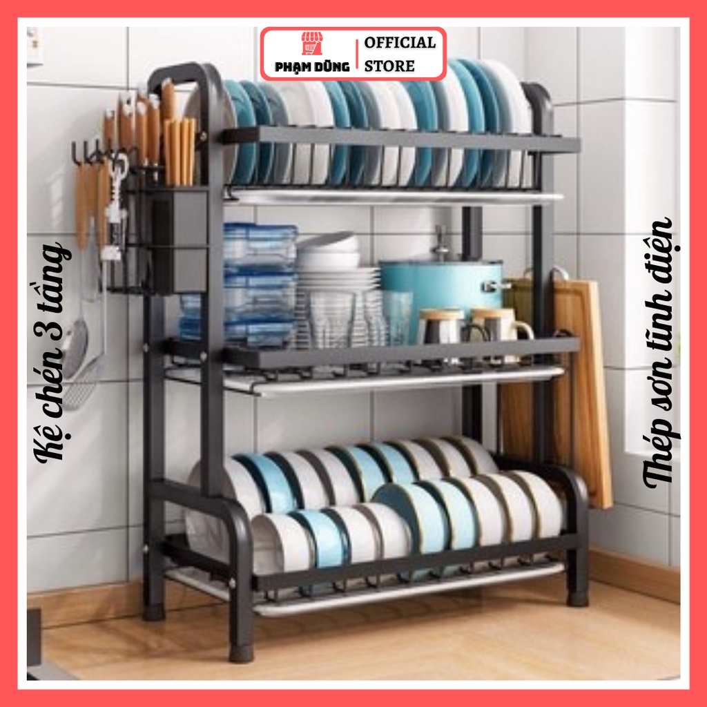 Kệ chén 3 tầng đa năng có khay thoát nước , kệ bát đĩa 3 tầng thép sơn tĩnh điện cao cấp