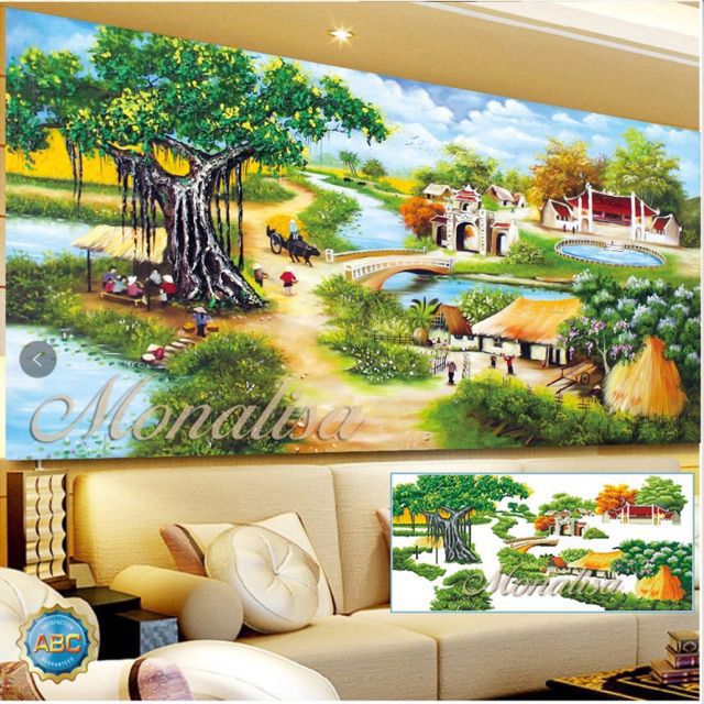 Tranh thêu KÍN chữ thập phong cảnh làng quê cây đa giếng nước mn0097 mn0096 . mn0095