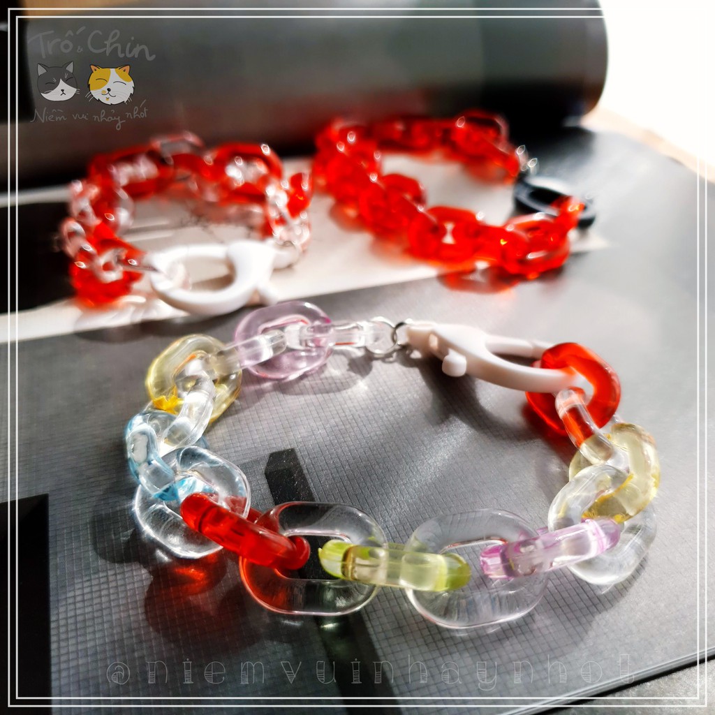 Vòng đeo tay xích nhựa Acrylic trong suốt với móc nhiều màu độc đáo [GẮN CHARM TÊN HANDMADE]