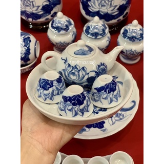 Ấm chén vẽ sen men lam gốm sứ Bát Tràng
