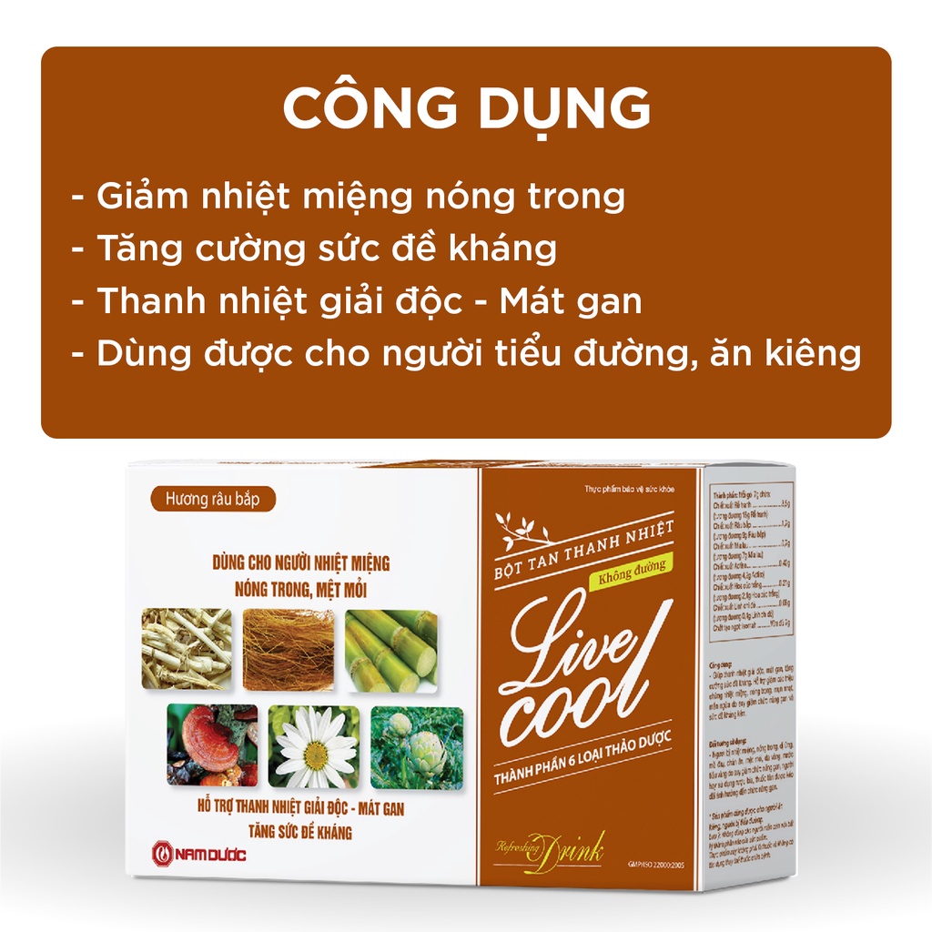 Bột tan thanh nhiệt Livecool không đường 10 gói giảm nhiệt miệng nóng trong, giải độc, mát gan, tăng sức đề kháng