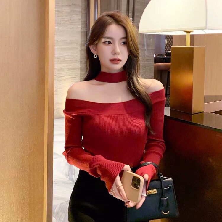 Áo dệt kim tay dài thiết kế trễ vai phong cách Vintage COZOK