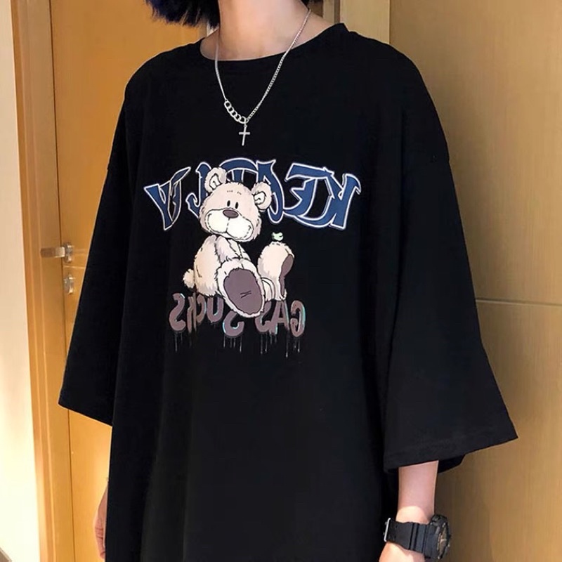 Áo thun tay lỡ nam nữ, áo phông unisex form rộng chất cotton in hình gấu be