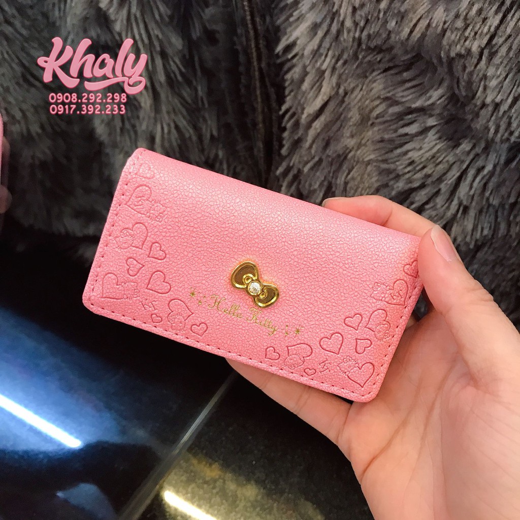 Bóp ví tiền mini cầm tay nút bấm da mềm nhiều ngăn có ngăn treo chìa khóa hình Hello Kitty (11x2x6.5cm) màu hồng