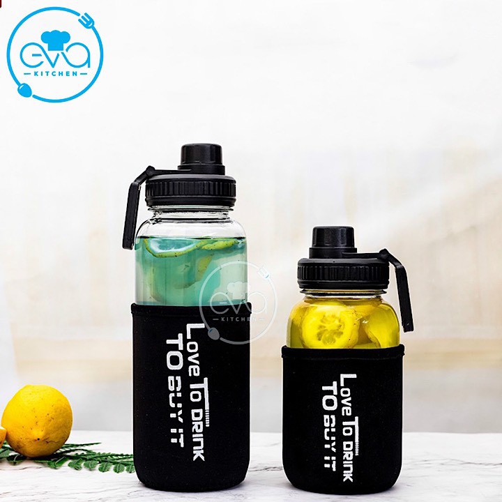 Bình Đựng Nước Thuỷ Tinh Nắp Bật Có Quai Cầm Love To Drink 1000 ML Tặng Kèm Vỏ Bọc Vải Neoprene