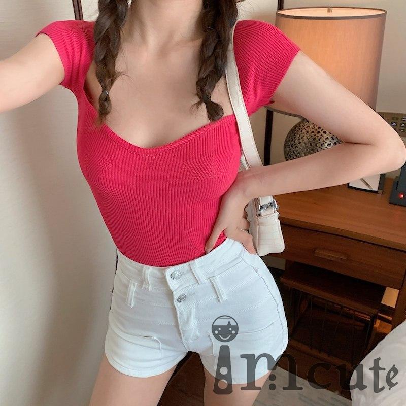 Áo Thun Dệt Kim Tay Ngắn Màu Sắc Đơn Giản Thời Trang Mùa Hè Quyến Rũ Cho Nữ